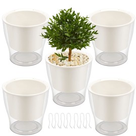 MAHIONG 5 Pack 7 Inch Self Watering Planters with White Wick, Plastic Self Watering Pots for Indoor Plants Flowers House Garden, African Violet Pot, Clear & White