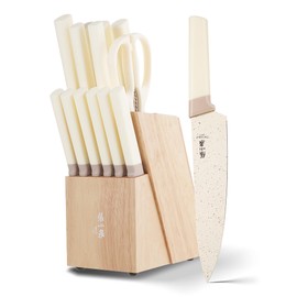 ZHANG XIAO QUAN Knife Set with White Block, High Carbon Stainless Steel Sharp Blades, Built-in Sharpener Kitchen Knife Block Set for Home Cooking