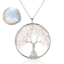 Halukakah Women's Crystals Healing Stones Necklace Gold/Platinum Plated Brass Wire Natural Moonstone / Pink Quartz/Amethyst Quartz/Carnelian/Jade Handmade Winding Tree of Life Pendant Chain 50 cm,