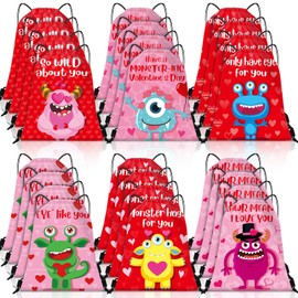 SilTriangle 24 Pcs Valentine's Day Drawstring Bags with Monster Pattern Drawstring Backpack Cute Reusable Gift Bags Goody Candy Bags for Kids Boys Girls Valentine's Day, 12 x 10 Inches