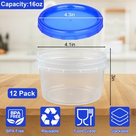 Palksky Freezer Storage Containers with Lids (12 Pack) - 16 oz Round Plastic Food Containers, Leakproof for Meal Prep, Soup, Deli & Leftovers