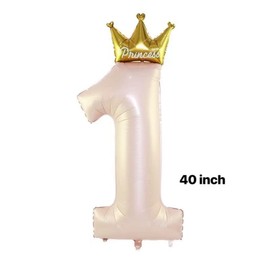 40-Inch Number 1 Princess Crown Balloons, 1st Birthday Balloons for Girls, 1st Birthday Party Decorations, 1th Anniversary Balloons. (Pink)
