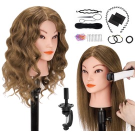Mannequin Head with 100% Real Human Hair, Beauty Star 18" Brown Hair Art Manikin Cosmetology Head, Doll Manican Head to Practice Hair Styles, Hairdressing Training Braiding Head with Table Clamp Stand