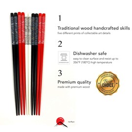 JapanBargain 3647, Bamboo Chopsticks Reusable Japanese Chinese Korean Wood Chop Sticks Hair Sticks 5 Pair Gift Set Dishwasher Safe, 9 inch, Dragonfly