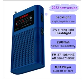 Portable Pocket AM FM Transistor Radio Card Playback Powerful Flashlight Powered by 1500mah Battery (Included),Ultra-Long Antenna Best Reception