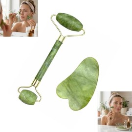 Rodillo De Jade + Guasha Masaje Facial Antiedad Rostro Skin Care Ideal para Contorno de Ojos Disminuye Ojeras e Imperfecciones Fisicas por Edad