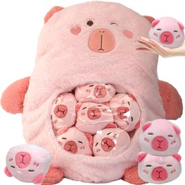 Plush Toys - Removable Throw Pillow Plush with 6 Little Animal Stuffed - Soft Hugging Stuffed Animal - Plush Gifts for Kids Boys Girls (Pink Capybara)