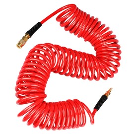YOTOO Polyurethane Recoil Air Hose 3/8" Inner Diameter by 50' Long with Bend Restrictor, Repairable 1/4" Industrial Quick Coupler and Plug, Red
