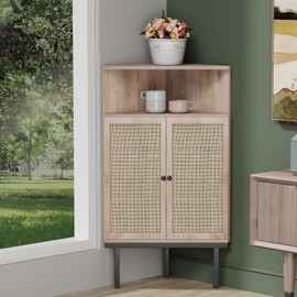 Corner Cabinet with Natural Rattan Decorated Doors, Corner Shelf Stand, Corner Storage Cabinets, Corner Table, Bathroom Cabinet for Living Room, Kitchen, 4-Tier, Natural, Metal Legs