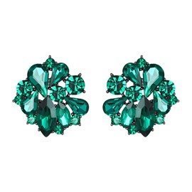 Flyonce Flower Stud Earrings for Women, Green Rhinestone Crystal Art Deco Floral Pierced Black-Tone