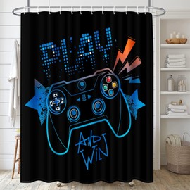 Arttown Blue Orange Gamepad Bathroom Sets with Shower Curtain and Rugs and Accessories, Game Funny Black Shower Curtain Sets, Kids Boy Shower Curtains for Bathroom Decor 4 Pcs