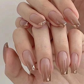 MERVF Coffin Press on Nails Long Fake Nails Press ons Gold French Tip Glue on Nails with Ombre Brown Design Ballerina Fall Acrylic False Nails Glossy 24pcs