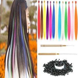 XIAO TAO ZI 39pcs/Lot 20'' Synthetic Rainbow Hair Extensions kit Colored Hair Pieces +50 Pcs Silicone Micro Beads+2 Pcs Crochet Hooks (20 Inches, 39 Pieces)