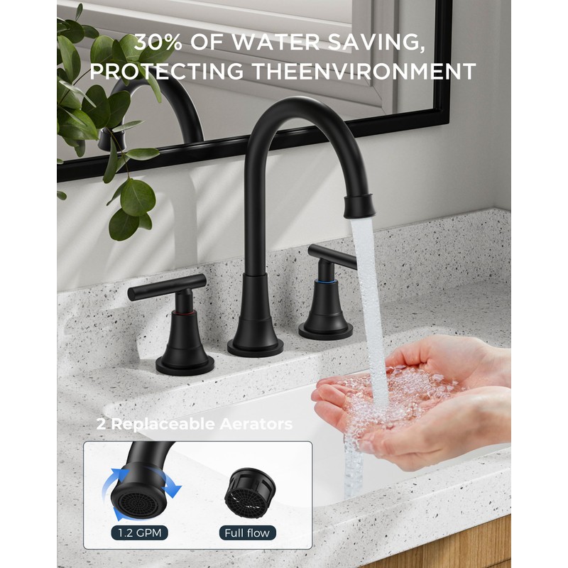 FORIOUS Matte Black Bathroom Faucets 3 Hole, 8 inch Widespread