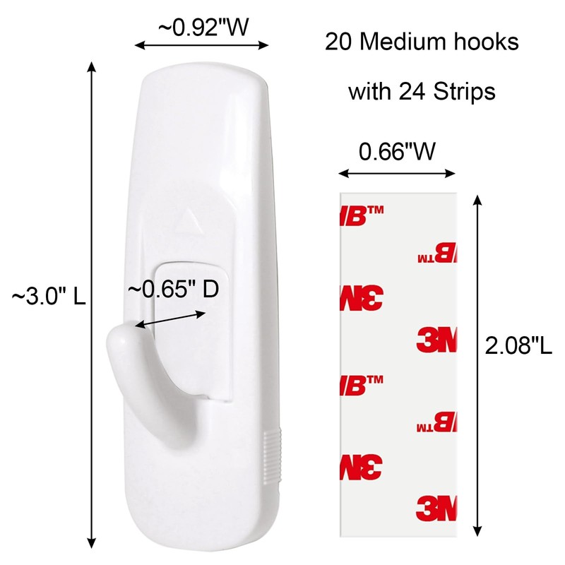 20 Medium Hooks for Hanging, Adhesive Wall Strips Hooks Heavy