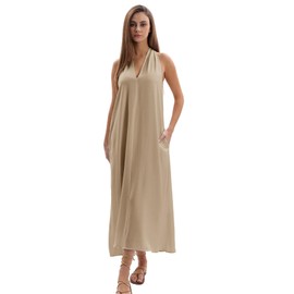 Amazhiyu Women's Linen Halter Sleeveless Casual Summer Maxi Dresses with Pockets Khaki, Small