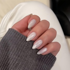 Glitter White False Nails Almond, SXVME Cat Eye Press on Nails Short Almond, Sparkly Shiny Fake Nails With Design, Cute Bling Glue on Nails Acrylic Stick on Nails for Women Party Holiday Wear, 30 Pcs