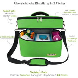 PUNALU Large bag for Toniebox including protective film suitable for Toniebox, space for 68 Tonies, set Toniebox bag + Toniebox sticker (green), Green