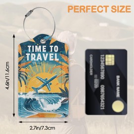 Vintage Airplane Beach Travel 3 Pack Luggage Tags for Suitcases, Tropical Sunset Flight PU Leather Luggage Tag for Travel, Bag Tags with Privacy Name ID Card and Steel Loop for Women Men