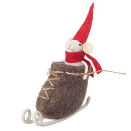 Heaven Sends Wool Mouse Skiing in Ice Skate Christmas Decoration - 14x7x17cm - Quirky Christmas Decoration - Christmas Decoration For Home - Festive Christmas Decor - Gift Idea for Christmas