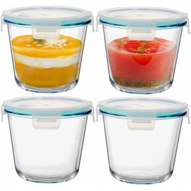 Qxbekmor 4 Packs Glass Soup Storage Containers with Airtight Lids, Leak-proof 3 Cup Freezer Food Storage Jars, Great for Lunch, Meal Prep, Leftover, Overnight Oats, Microwave and Dishwasher Safe ﻿