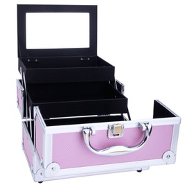 Aluminum Makeup Train Case Built In Mirror Folding Trays, Portable Locakable Cosmetic Organizer Jewelry Box (Pink)