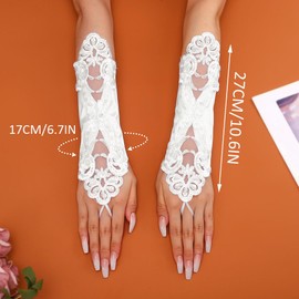 Latious Fingerless Satin Gloves Ivory Sequin Lace Wedding Gloves Beads Short Gloves for Women (Ivory)