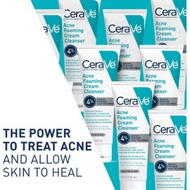 Limpiador en crema espumosa para acné CeraVe Jabón facial para tratamiento del acné con peróxido de benzoilo al 4%, ácido hialurónico y niacinamida Fórmula de crema a espuma 5 onzas
