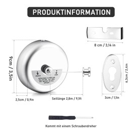 Retractable Washing Line, 304 Stainless Steel, Retractable Clothesline, 2.8 m Nylon Thread, Suitable for Rooms, Balconies, Retractable Washing Line