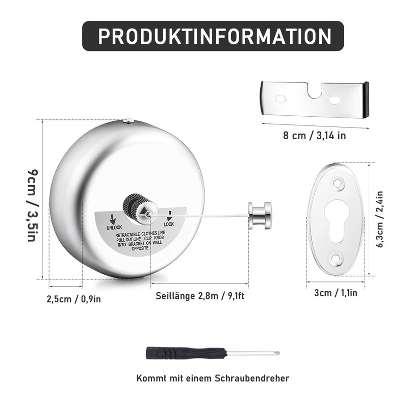 Retractable Washing Line, 304 Stainless Steel, Retractable Clothesline, 2.8 m