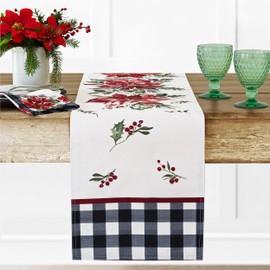 Newbridge Poinsettia Festivity Gingham Bordered Christmas Fabric Table Runner, Holiday Red Poinsettia & Holly Print, Easy Care Stain Release, 70 Inch Long