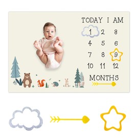 CSFOTO Cartoon Jungle Animal Baby Monthly Milestone Blanket Baby Shower Memory Picture Recording Blanket Newborn Growth Record Photo Shooting Background Prop, 60"x40" with Frame