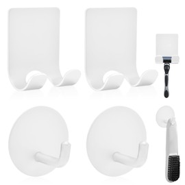 Diesisa Razor Holder for Shower + Adhesive Wall Hooks, Premium 304 Stainless Steel Shower Razor Holder with Heavy Duty Waterproof Sticky Hooks for Hanging Towels, Coat, hat (2+2 Pack)-White