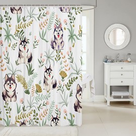 Homewish Cartoon Husky Shower Curtains,Cute Dog Animal Kawaii Family Puppy Pet Bath Curtain,Boho Floral Leaves White Waterproof Fabric Curtain with Hooks Bathroom Decor, 72Wx72L inch