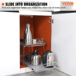VEVOR Pull Out Cabinet Organizer, 14"Wx21"D Heavy 2 Tier Duty Slide Out Pantry Shelves, Chrome-Plated Steel Roll Out Drawer for Under Sink, 15.5"Wx22"D Install Size for Cabinet