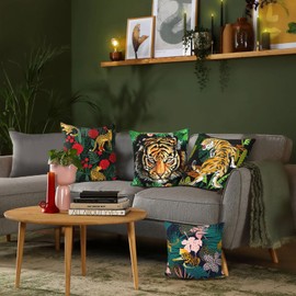 Joymaison Safari Tigers Leopards Throw Pillow Covers 18x18 Inch Set of 4 Spring Summer Tropical Leaves Flower Cushion Pillow Case Home Decor for Sofa Bedroom