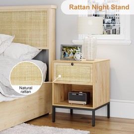 Boho Night Stand Set of 2, Rattan Nightstand with One Drawer, Farmhouse Bedside Table Modern End Table Small Side Table for Living Room Bedroom