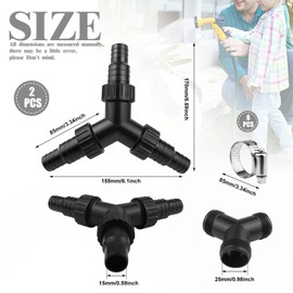 BITEFU Pack of 2 Y-splitter, black Y water distributor, suitable with 6 cross hose clamps for kitchen, washing machine (acceptable inner diameter 20/25 mm)