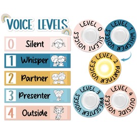 Naozinebi Boho Voice Level Poster with 5 Pack Puck Lights Boho Rainbow Noise Level Display Policies Educational Poster Noise Level Monitor Rules Sign Back to School Teacher Supplies Classroom Decor
