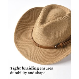 FURTALK Straw Cowboy Sun Hats for Women Men Western Cowgirl Hats with Wind Lanyard UPF 50+ Beach Hat Khaki