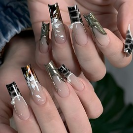Long French Tip Press on Nails Square Chrome Gold Fake Nails with 3D Pearl Flower Designs Glossy False Nails Acrylic Glue on Nails Leopard Nail Tips Stick on Nails for Women DIY Nails 24Pcs