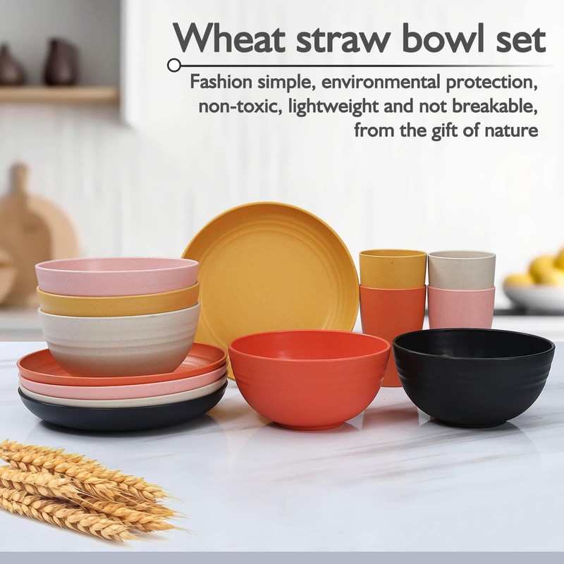 12pcs Wheat Straw Dinnerware Sets, Wheat Straw Plates and Bowls