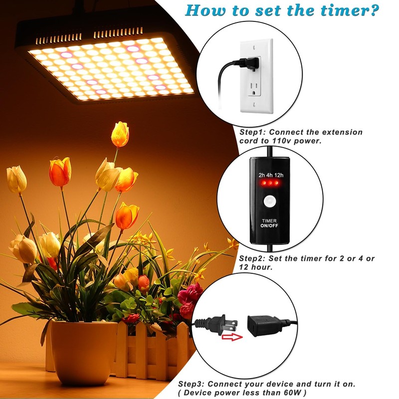 Indoor Extension Cord with Timer 2/4/12Hour Countdown, 60W 6.5 FT