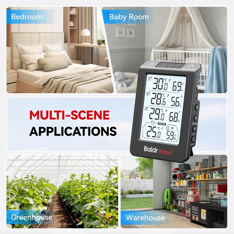 BaldrTherm Solar Outdoor Thermometer, Wireless Temperature & Humidity Monitor with