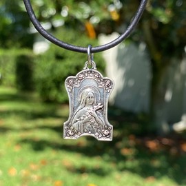 St. Theresa Pendant Women Leather Necklace - The Little Flower, Catholic Pendant, Religious Charm, Rosary Jewelry, Lisieux, Mother Gift, Christmas Present, Christian Gifts for Friend (Silver)