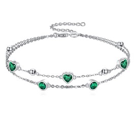 CRMAD Heart Green CZ Anklet for Women S925 Sterling Silver Beach Bead Ankle Jewelry Gift for Valentine’s Day Birthday Anniversary