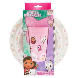 Gabby's Dollhouse Kids Tableware Set – 3 Piece Reusable PP Plate, Bowl & Cup for Children - Tumbler & Dinnerware Set for Mealtimes – for 24 Months & Up,Pink