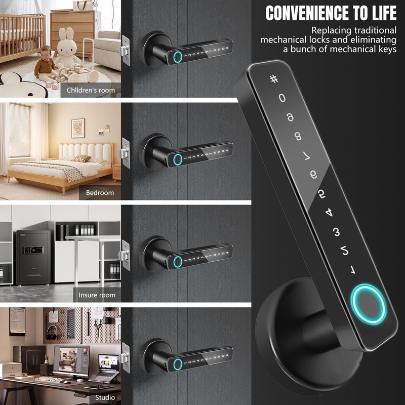 Smart Fingerprint Door Lock, Digital Keypad Handle with Biometric Entry,