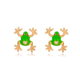 Frog Gold Earrings For Women Green Hypoallergenic Flat Back Stud Cute Fun Earrings Statement Charms Funky Rhinestone Cool Crawler Earring (Frog)