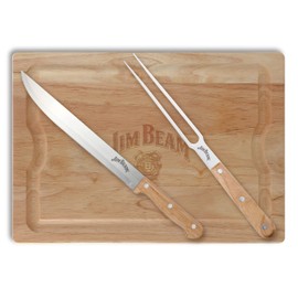 Jim Beam 3-Piece Carving Set, Includes Stainless Steel Knife and Fork with Wood Handles and Wooden Carving Board, Brown
